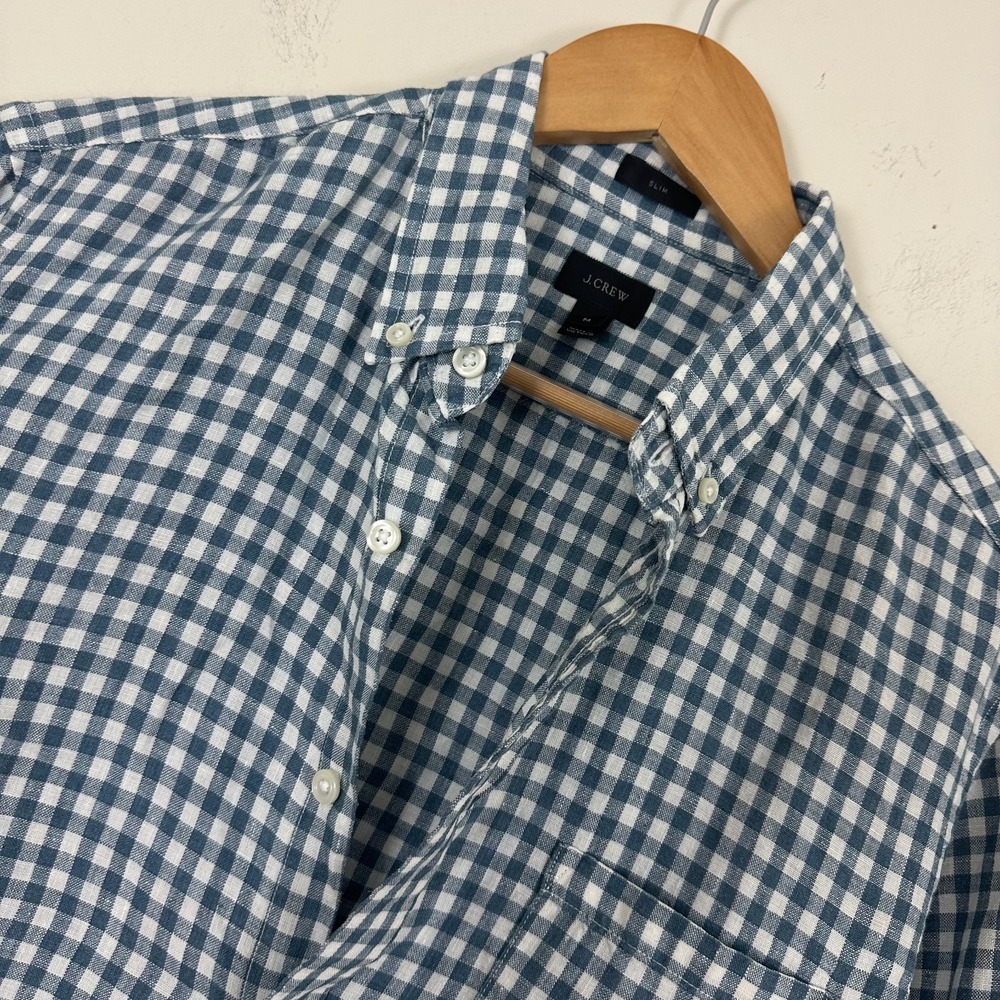 J.Crew Baird McNutt Linen Shirt Blue Gingham Check Slim Fit Button Down Mens M